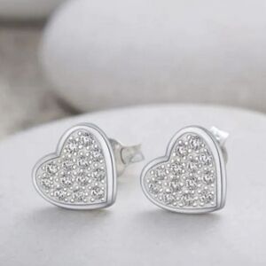 Small sterling silver earrings, heart-shaped earrings inlaid with cubic zirconia